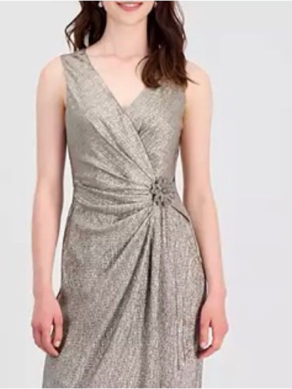 Elegant Maggy London Metallic Silver V-Neck MIdi Formal Dress Stunning size 10